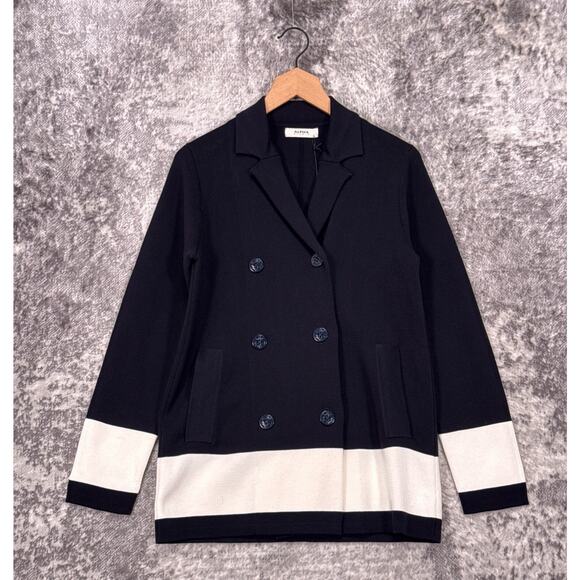 New Alpha Studio Pea Coat 40 / XS Womens Navy Blue Cotton Knit Nautical Stripe - Picture 1 of 8